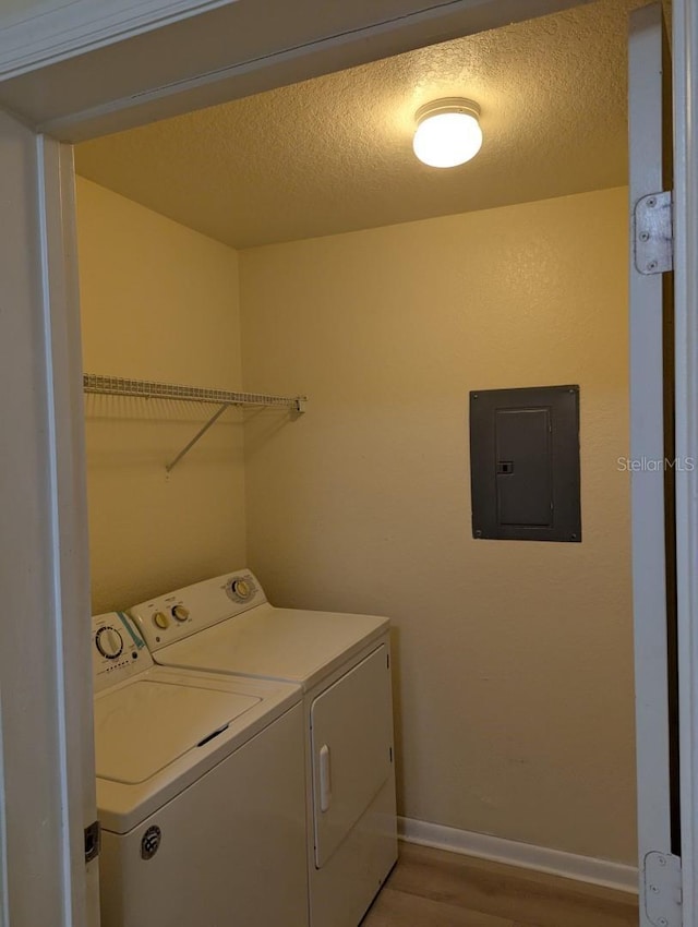 5915 Brickleberry Ln Unit 103, Zephyrhills, FL 33541 - laundry area featuring electric panel, independent washer and dryer, light wood-type flooring, baseboards, and a textured ceiling