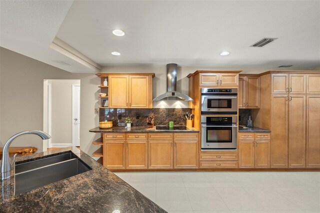 3922 Cedar Cay Cir, Valrico, FL 33596 - kitchen featuring wall chimney exhaust hood, a sink, open shelves, black electric cooktop, and decorative backsplash