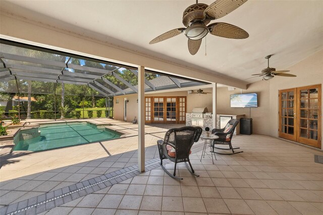 3922 Cedar Cay Cir, Valrico, FL 33596 - swimming pool with a ceiling fan, french doors, a patio area, and a grill