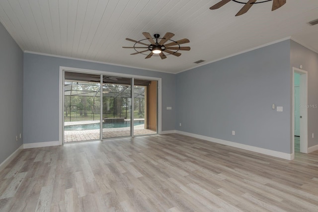 632 S Florida Ave, Tarpon Springs, FL 34689 - unfurnished room with ceiling fan, ornamental molding, light wood-style floors, baseboards, and wooden ceiling