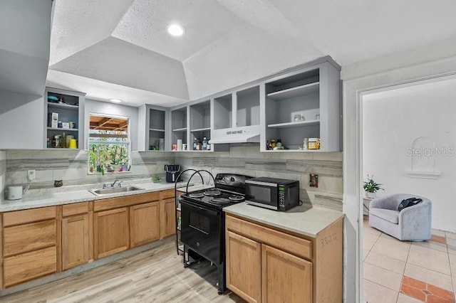 536 Ave G SE, Winter Haven, FL 33880 - kitchen with open shelves, black appliances, a sink, tasteful backsplash, and vaulted ceiling