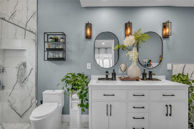 332 Wood Dove Ave, Tarpon Springs, FL 34689 - full bathroom with a marble finish shower, double vanity, marble look tile flooring, and toilet