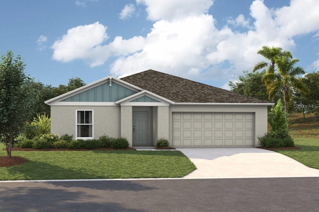 1621 Sage Ave, Haines City, FL 33844 - ranch-style house featuring concrete driveway, a garage, a front lawn, and stucco siding