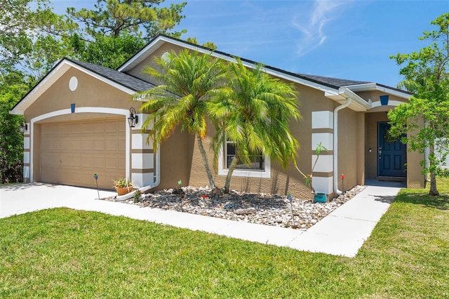 8504 Tidal Bay Ln, Tampa, FL 33635 - view of front of house with a garage, stucco siding, a front yard, and driveway