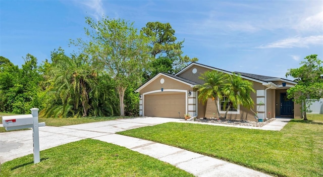 8504 Tidal Bay Ln, Tampa, FL 33635 - ranch-style home with concrete driveway, an attached garage, a front yard, and stucco siding