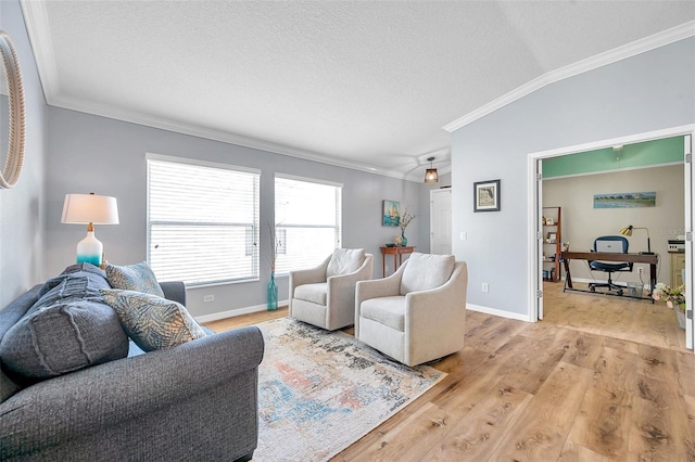 8504 Tidal Bay Ln, Tampa, FL 33635 - living area featuring crown molding, light wood finished floors, a textured ceiling, and baseboards