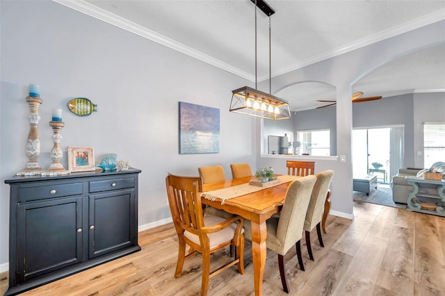8504 Tidal Bay Ln, Tampa, FL 33635 - dining room featuring arched walkways, crown molding, light wood-style flooring, and baseboards