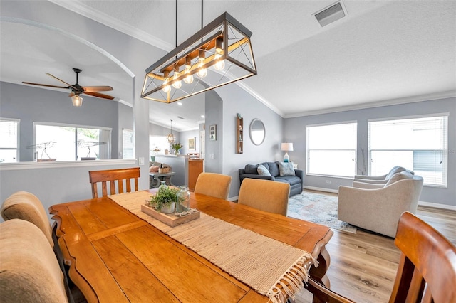 8504 Tidal Bay Ln, Tampa, FL 33635 - dining space featuring a ceiling fan, wood finished floors, lofted ceiling, baseboards, and crown molding
