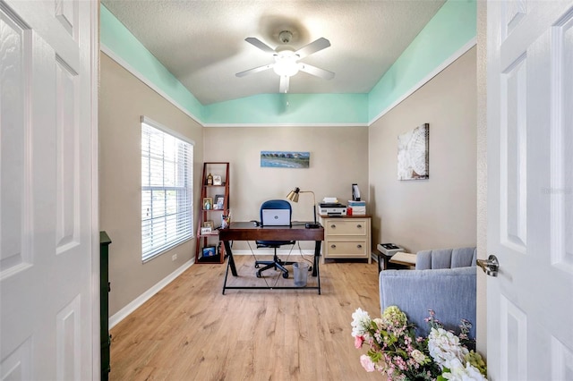 8504 Tidal Bay Ln, Tampa, FL 33635 - office space featuring light wood-type flooring, a ceiling fan, baseboards, and vaulted ceiling