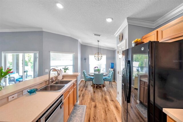 8504 Tidal Bay Ln, Tampa, FL 33635 - kitchen featuring stainless steel dishwasher, a sink, black fridge, light countertops, and light wood-type flooring