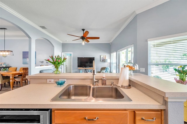 8504 Tidal Bay Ln, Tampa, FL 33635 - kitchen with a sink, open floor plan, crown molding, light countertops, and wine cooler