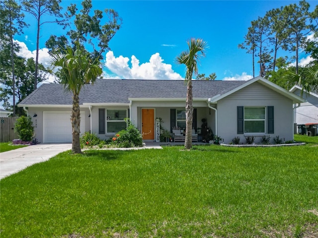 single story home with a garage, covered porch, driveway, and stucco siding