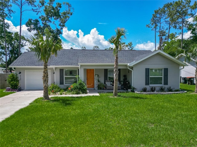 ranch-style house with an attached garage, stucco siding, driveway, covered porch, and a shingled roof