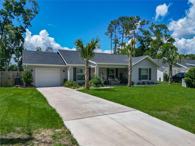 ranch-style house with stucco siding, an attached garage, driveway, and covered porch