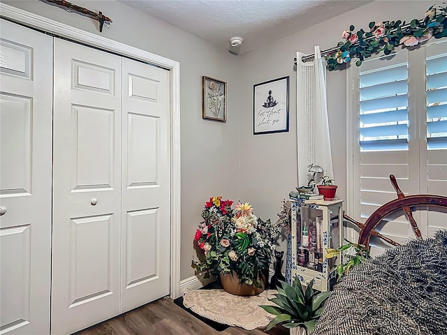 bedroom featuring dark wood-style flooring, a textured ceiling, baseboards, and a closet