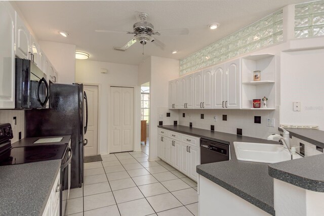 6129 Schalekamp Dr, Spring Hill, FL 34609 - kitchen featuring black appliances, dark countertops, white cabinets, ceiling fan, and recessed lighting