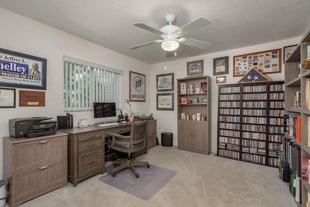 6129 Schalekamp Dr, Spring Hill, FL 34609 - home office with ceiling fan, light colored carpet, and a textured ceiling