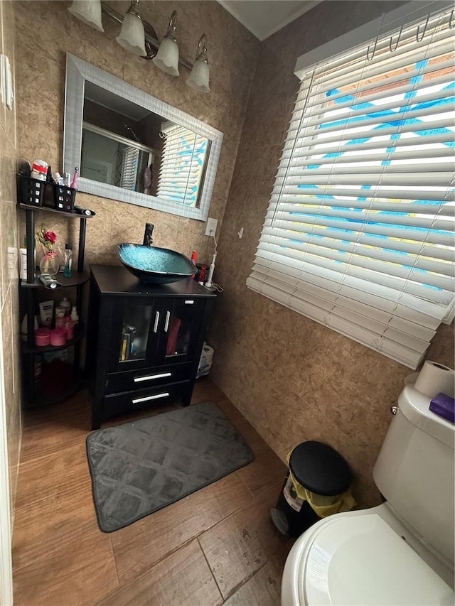 bathroom with wood finished floors, toilet, and healthy amount of natural light
