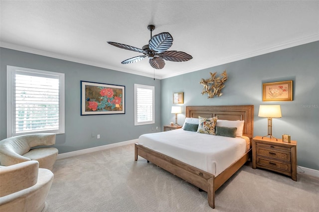 4717 Osprey Ridge Cir, Palm Harbor, FL 34684 - bedroom with light carpet, crown molding, and a ceiling fan