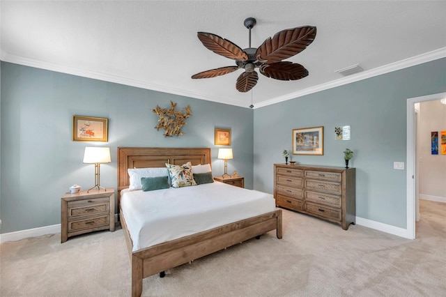 4717 Osprey Ridge Cir, Palm Harbor, FL 34684 - bedroom with ornamental molding, light colored carpet, and ceiling fan