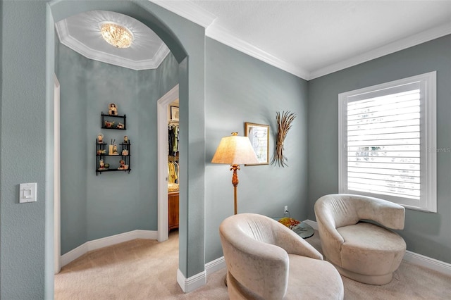 4717 Osprey Ridge Cir, Palm Harbor, FL 34684 - sitting room with arched walkways, light colored carpet, and crown molding