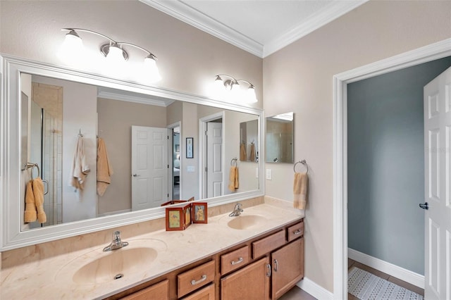 4717 Osprey Ridge Cir, Palm Harbor, FL 34684 - full bathroom with double vanity, ornamental molding, and a shower with shower door