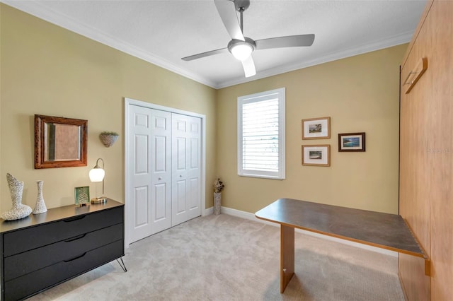 4717 Osprey Ridge Cir, Palm Harbor, FL 34684 - office featuring ornamental molding, a ceiling fan, and light colored carpet