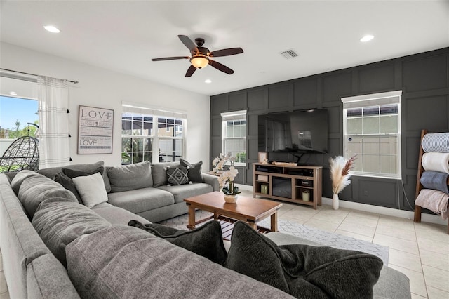 1844 Odiorne Point Ln, Wesley Chapel, FL 33543 - living room featuring light tile patterned floors, a ceiling fan, plenty of natural light, and recessed lighting