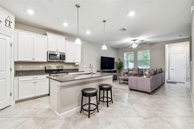 6745 Citrus Creek Ln, Tampa, FL 33625 - kitchen featuring stainless steel appliances, a sink, dark stone countertops, white cabinetry, and open floor plan
