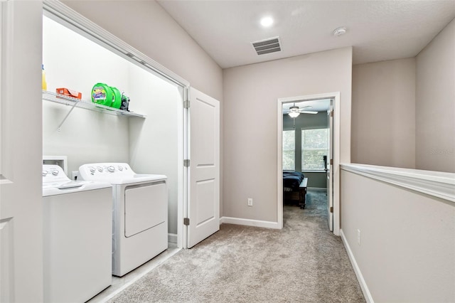 6745 Citrus Creek Ln, Tampa, FL 33625 - washroom with washing machine and dryer, light carpet, ceiling fan, and baseboards