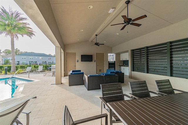 6745 Citrus Creek Ln, Tampa, FL 33625 - view of patio featuring outdoor dining space, fence, ceiling fan, an outdoor living space, and a community pool