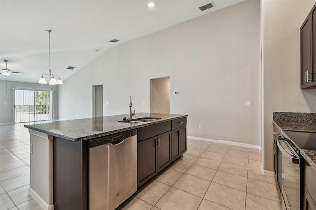 10822 Crushed Grape Dr, Riverview, FL 33578 - kitchen with dishwasher, a sink, lofted ceiling, range with electric cooktop, and a chandelier