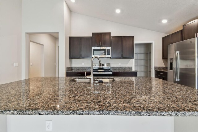 10822 Crushed Grape Dr, Riverview, FL 33578 - kitchen featuring stainless steel appliances, vaulted ceiling, dark brown cabinetry, a sink, and recessed lighting