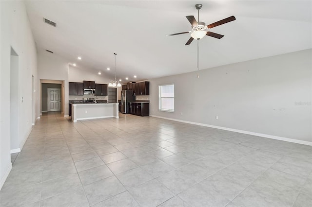 10822 Crushed Grape Dr, Riverview, FL 33578 - unfurnished living room with ceiling fan, light tile patterned floors, recessed lighting, high vaulted ceiling, and baseboards