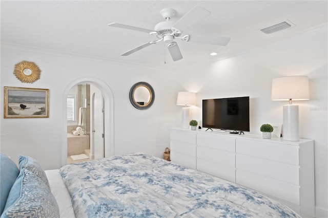 7060 S Shore Dr S, South Pasadena, FL 33707 - bedroom featuring ornamental molding, ceiling fan, arched walkways, and ensuite bath