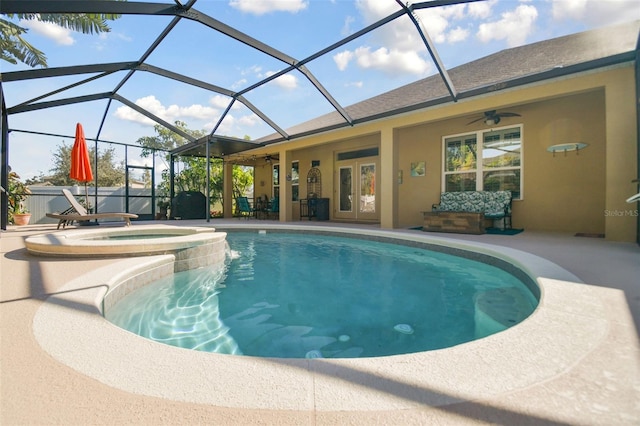 1116 Hillandale Reserve Dr, Tampa, FL 33613 - view of swimming pool with a patio, ceiling fan, french doors, a pool with connected hot tub, and glass enclosure