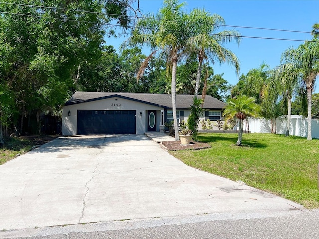 single story home featuring a garage, concrete driveway, and stucco siding