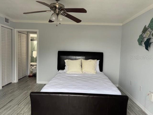 bedroom with wood finished floors, baseboards, ornamental molding, and ceiling fan