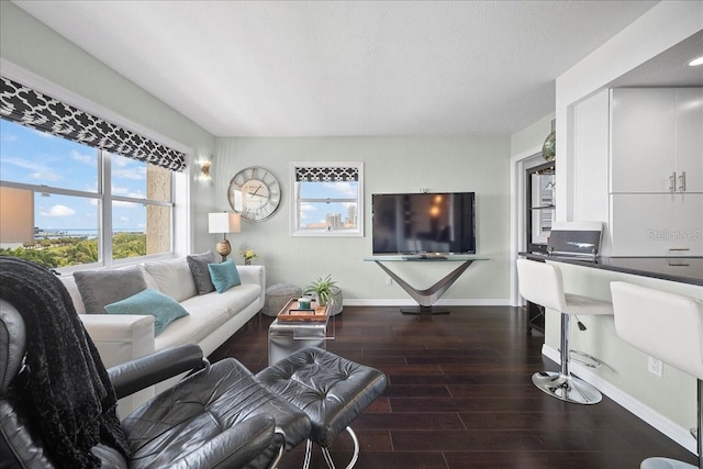 living room with baseboards, wood finished floors, and an office area