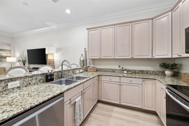 kitchen featuring stainless steel dishwasher, a sink, electric range oven, ornamental molding, and light stone countertops