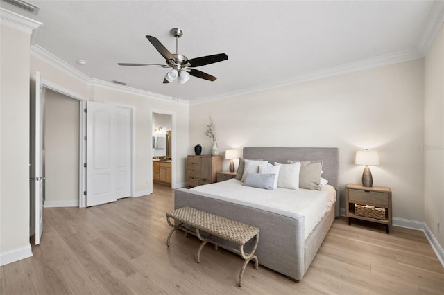 bedroom with light wood-type flooring, crown molding, baseboards, connected bathroom, and ceiling fan