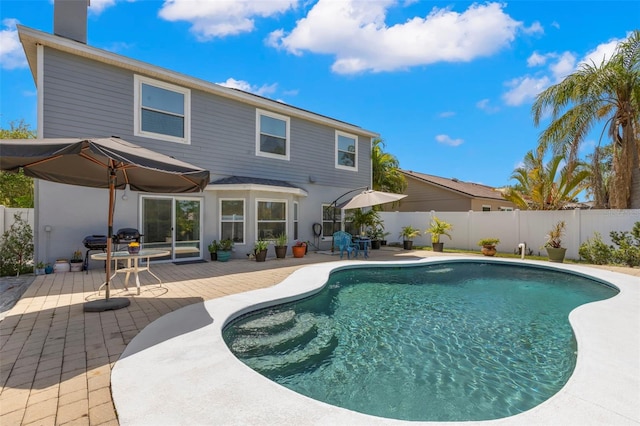 view of swimming pool featuring a fenced backyard and a patio