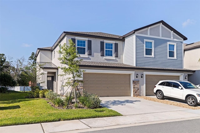 6542 95th Pl N, Pinellas Park, FL 33782 - view of property featuring a garage, a front yard, driveway, stucco siding, and roof with shingles