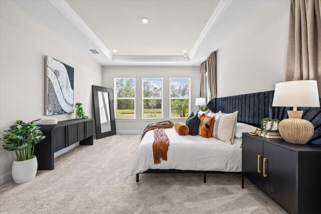 33750 Ocean Spray Ln, Wesley Chapel, FL 33543 - bedroom with carpet flooring, a raised ceiling, recessed lighting, baseboards, and crown molding