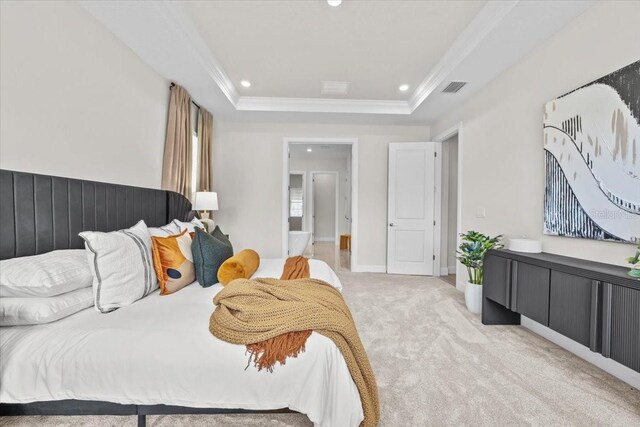 33750 Ocean Spray Ln, Wesley Chapel, FL 33543 - bedroom featuring light colored carpet, ornamental molding, recessed lighting, and a tray ceiling