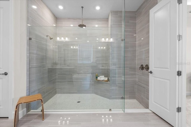 33750 Ocean Spray Ln, Wesley Chapel, FL 33543 - full bath with a shower stall, tile patterned flooring, and recessed lighting