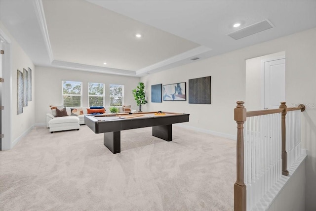 33750 Ocean Spray Ln, Wesley Chapel, FL 33543 - recreation room with a tray ceiling, light carpet, baseboards, and recessed lighting