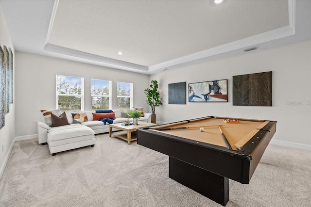 33750 Ocean Spray Ln, Wesley Chapel, FL 33543 - playroom featuring a tray ceiling, light colored carpet, baseboards, billiards, and recessed lighting