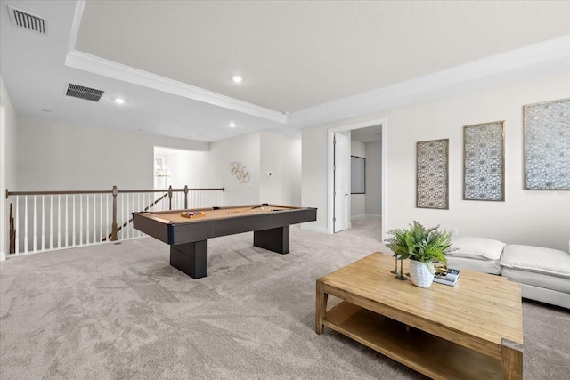 33750 Ocean Spray Ln, Wesley Chapel, FL 33543 - recreation room featuring light carpet, a raised ceiling, billiards, recessed lighting, and ornamental molding