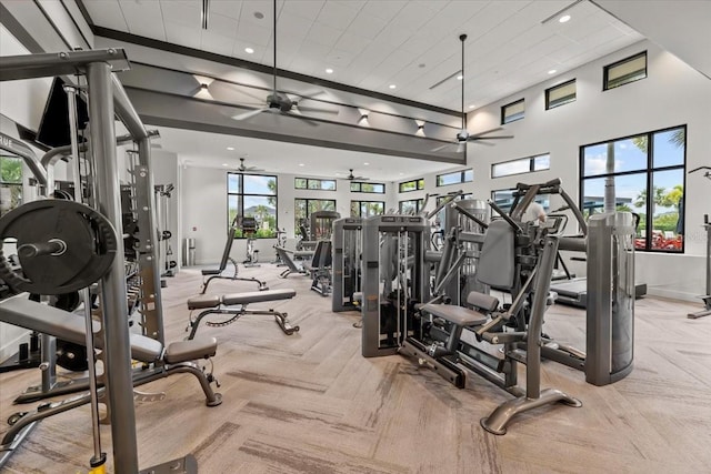 33750 Ocean Spray Ln, Wesley Chapel, FL 33543 - gym with ceiling fan, baseboards, and recessed lighting